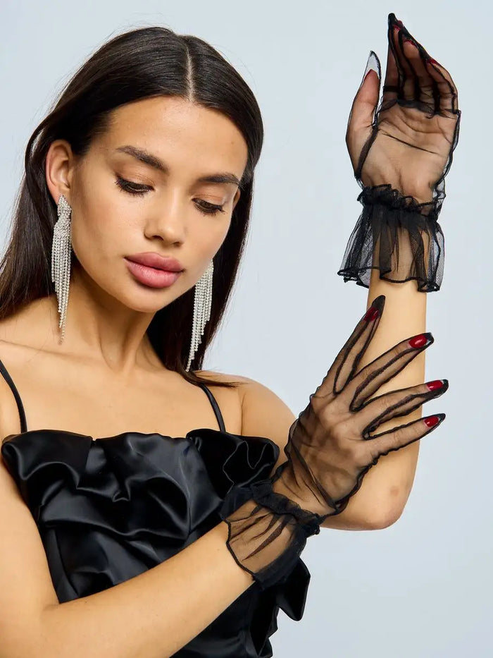 Short Women Mesh Gloves - Bridal Accessory for Wedding Guest - Black