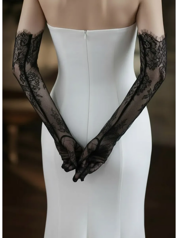 Lace Mesh Gloves - Bridal Accessory for Wedding Guest - Black