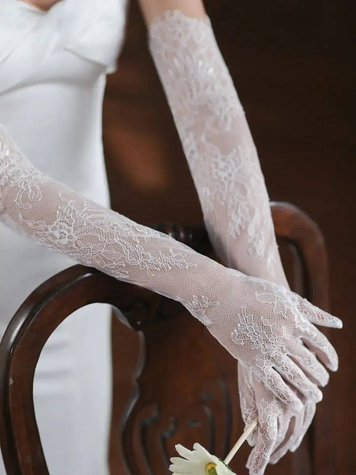 Lace Mesh Gloves - Bridal Accessory for Wedding Guest - White