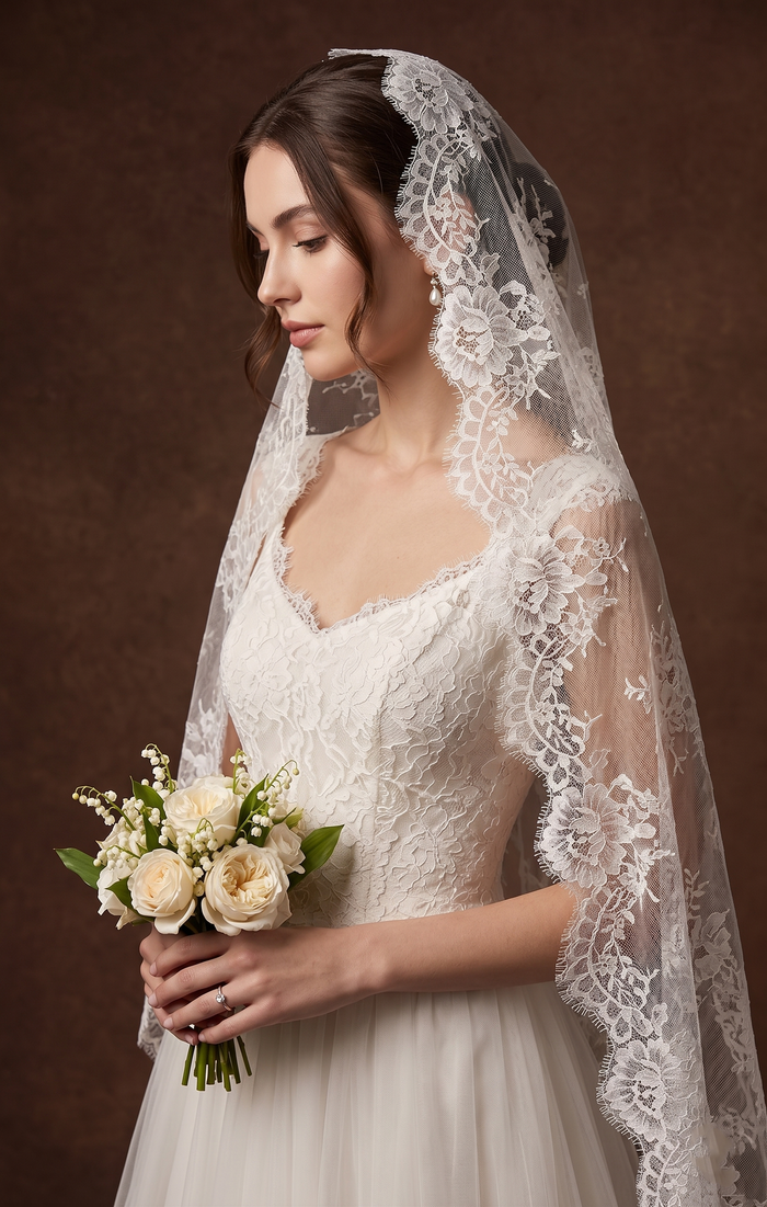 Soft Lace Mantilla Wedding Bridal Veil - Off White