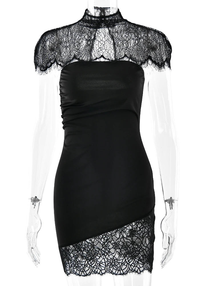 JULISSA MO Patchwork Sexy Strapless Sheer Lace Women Dress Turtleneck Hollow Out Two Piece Sets Slim Elegant Party Evening Dress - Two Piece Set for Prom & Wedding