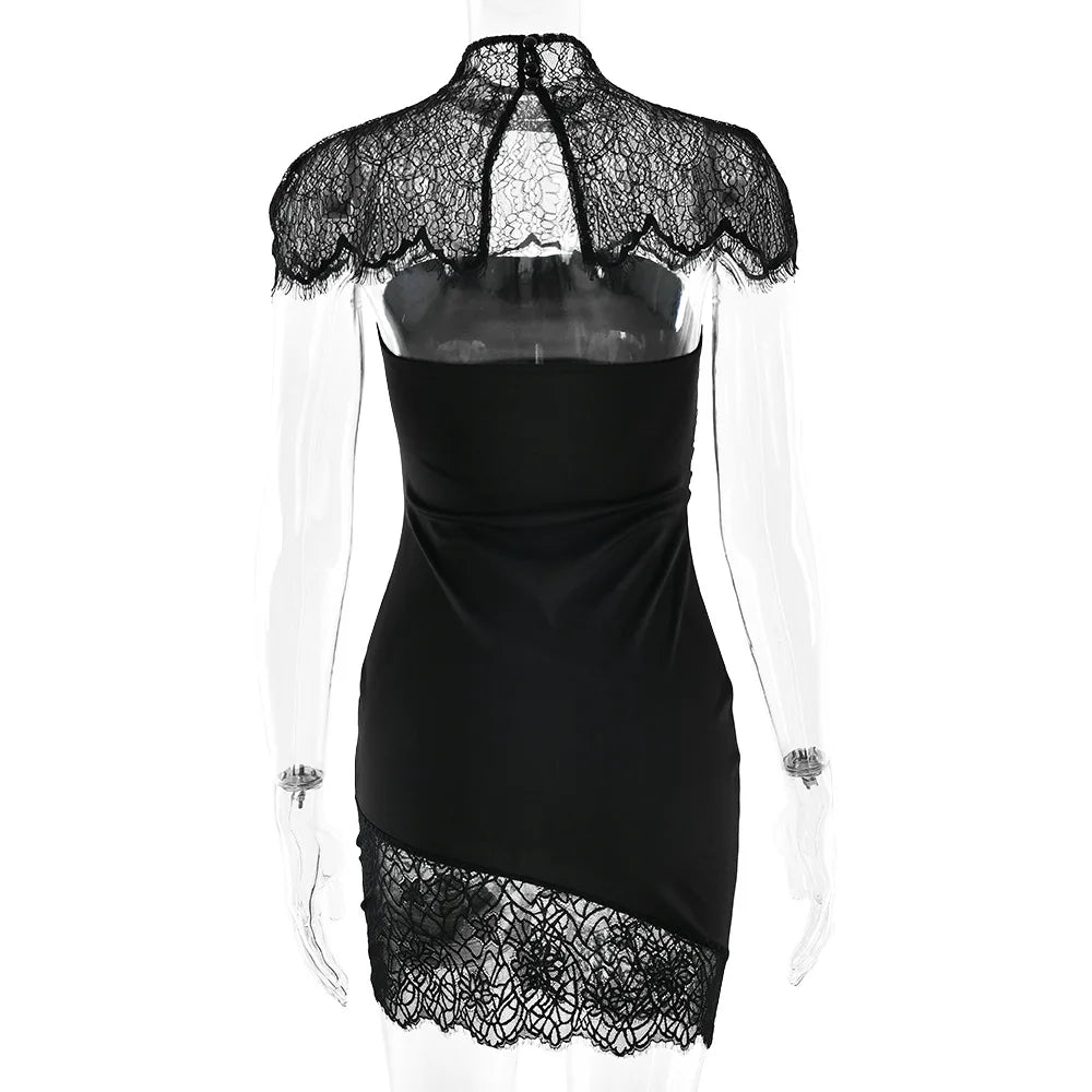 JULISSA MO Patchwork Sexy Strapless Sheer Lace Women Dress Turtleneck Hollow Out Two Piece Sets Slim Elegant Party Evening Dress - Two Piece Set for Prom & Wedding