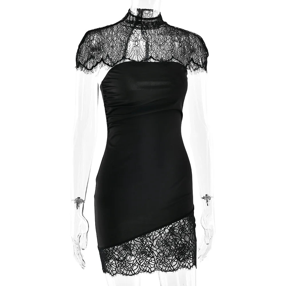 JULISSA MO Patchwork Sexy Strapless Sheer Lace Women Dress Turtleneck Hollow Out Two Piece Sets Slim Elegant Party Evening Dress - Two Piece Set for Prom & Wedding