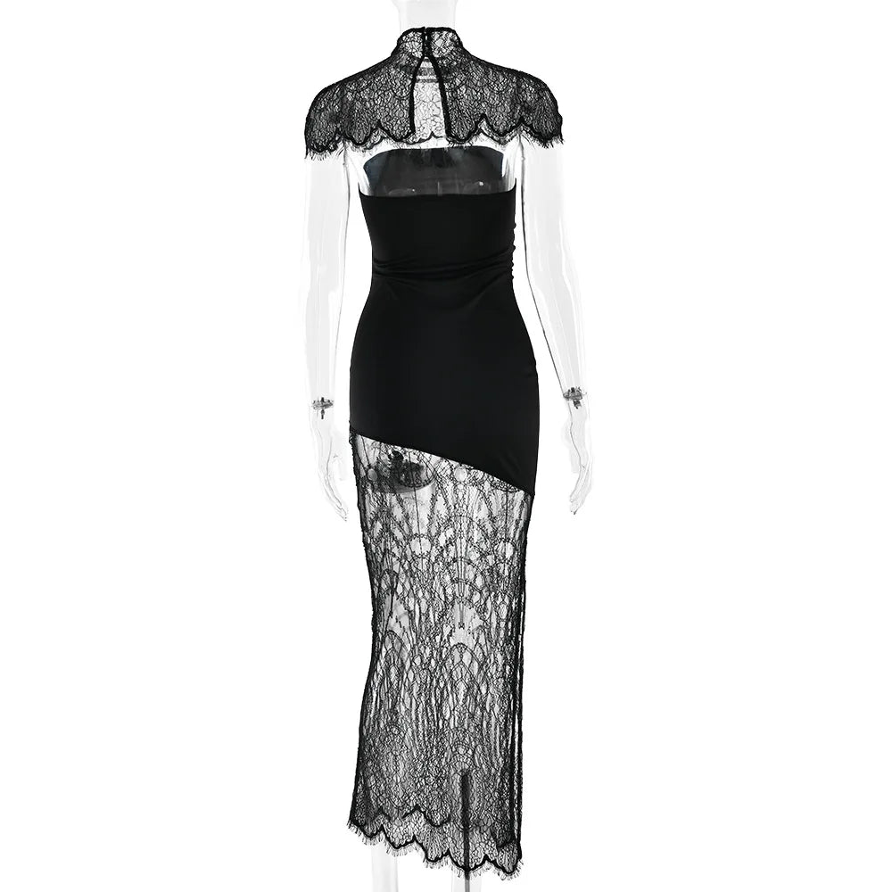 JULISSA MO Patchwork Sexy Strapless Sheer Lace Women Dress Turtleneck Hollow Out Two Piece Sets Slim Elegant Party Evening Dress - Two Piece Set for Prom & Wedding