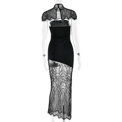 JULISSA MO Patchwork Sexy Strapless Sheer Lace Women Dress Turtleneck Hollow Out Two Piece Sets Slim Elegant Party Evening Dress - Two Piece Set for Prom & Wedding