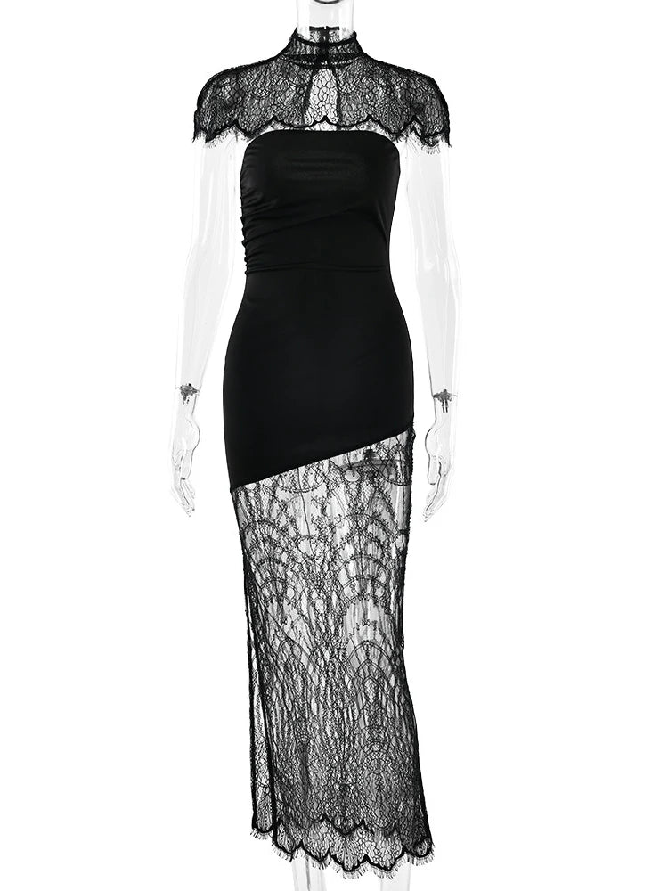 JULISSA MO Patchwork Sexy Strapless Sheer Lace Women Dress Turtleneck Hollow Out Two Piece Sets Slim Elegant Party Evening Dress - Two Piece Set for Prom & Wedding