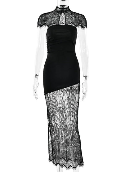JULISSA MO Patchwork Sexy Strapless Sheer Lace Women Dress Turtleneck Hollow Out Two Piece Sets Slim Elegant Party Evening Dress - Two Piece Set for Prom & Wedding