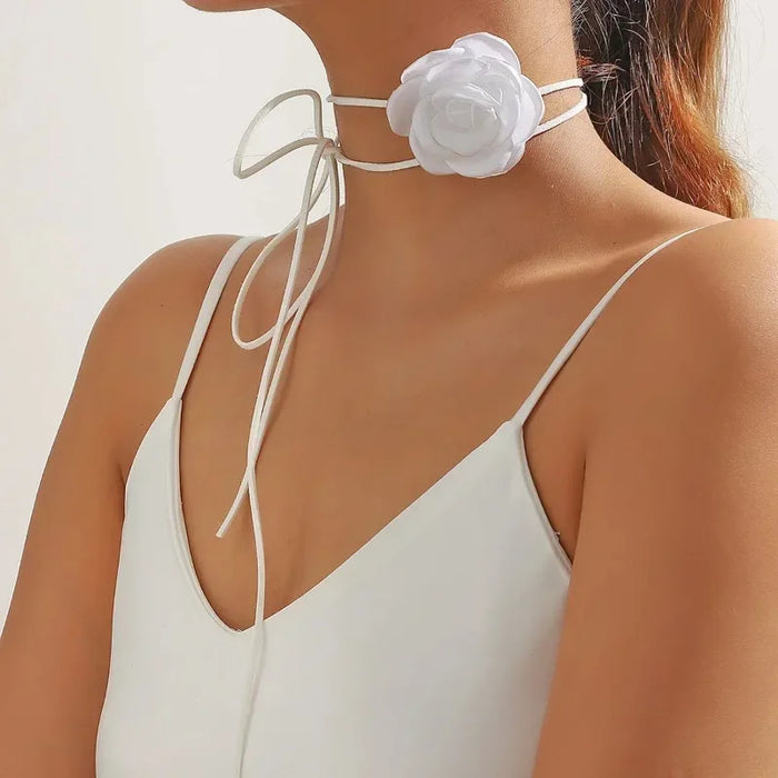 Satin Rose Choker Necklace - Oversized 3D Flower Tie-Up for Wedding Guest & Prom - White Rose
