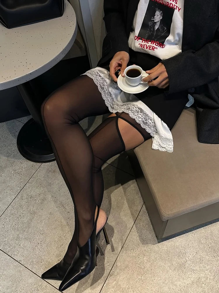 Sexy Cut Out Black Lined Tights Women Fashion Hollow Out See Through Sheer Pantyhose 2025 Autumn Winter Thin Nylon Stocking