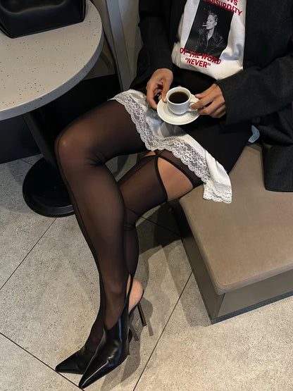 Sexy Cut Out Black Lined Tights Women Fashion Hollow Out See Through Sheer Pantyhose 2025 Autumn Winter Thin Nylon Stocking