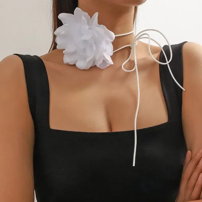 Satin Rose Choker Necklace - Oversized 3D Flower Tie-Up for Wedding Guest & Prom - White Flower