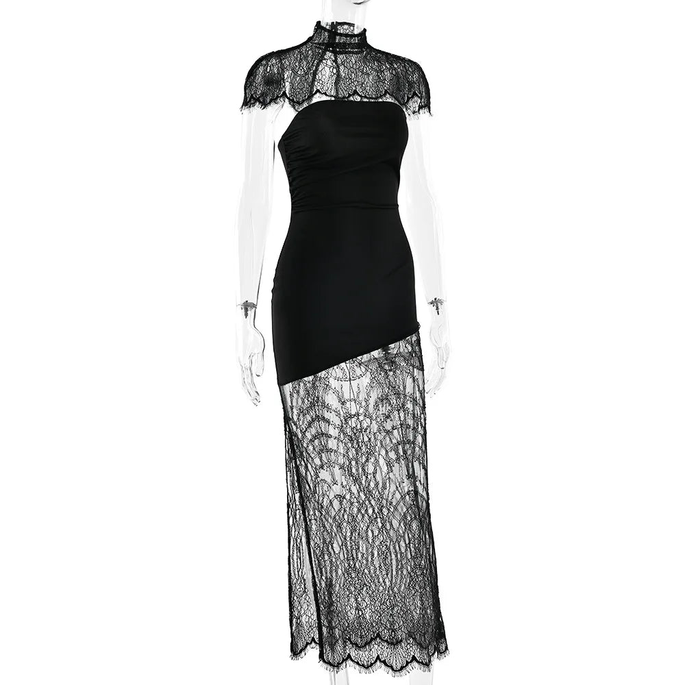 JULISSA MO Patchwork Sexy Strapless Sheer Lace Women Dress Turtleneck Hollow Out Two Piece Sets Slim Elegant Party Evening Dress - Two Piece Set for Prom & Wedding
