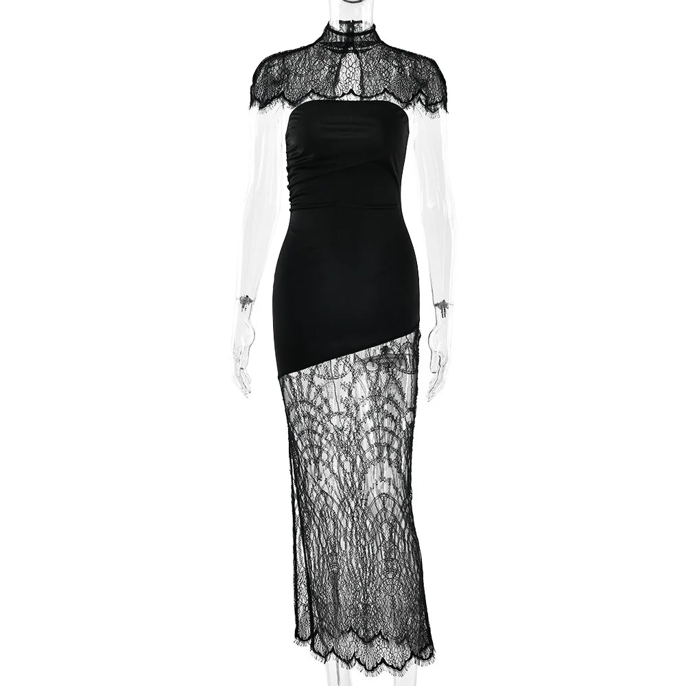 JULISSA MO Patchwork Sexy Strapless Sheer Lace Women Dress Turtleneck Hollow Out Two Piece Sets Slim Elegant Party Evening Dress - Two Piece Set for Prom & Wedding