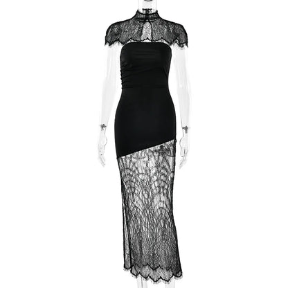 JULISSA MO Patchwork Sexy Strapless Sheer Lace Women Dress Turtleneck Hollow Out Two Piece Sets Slim Elegant Party Evening Dress - Two Piece Set for Prom & Wedding