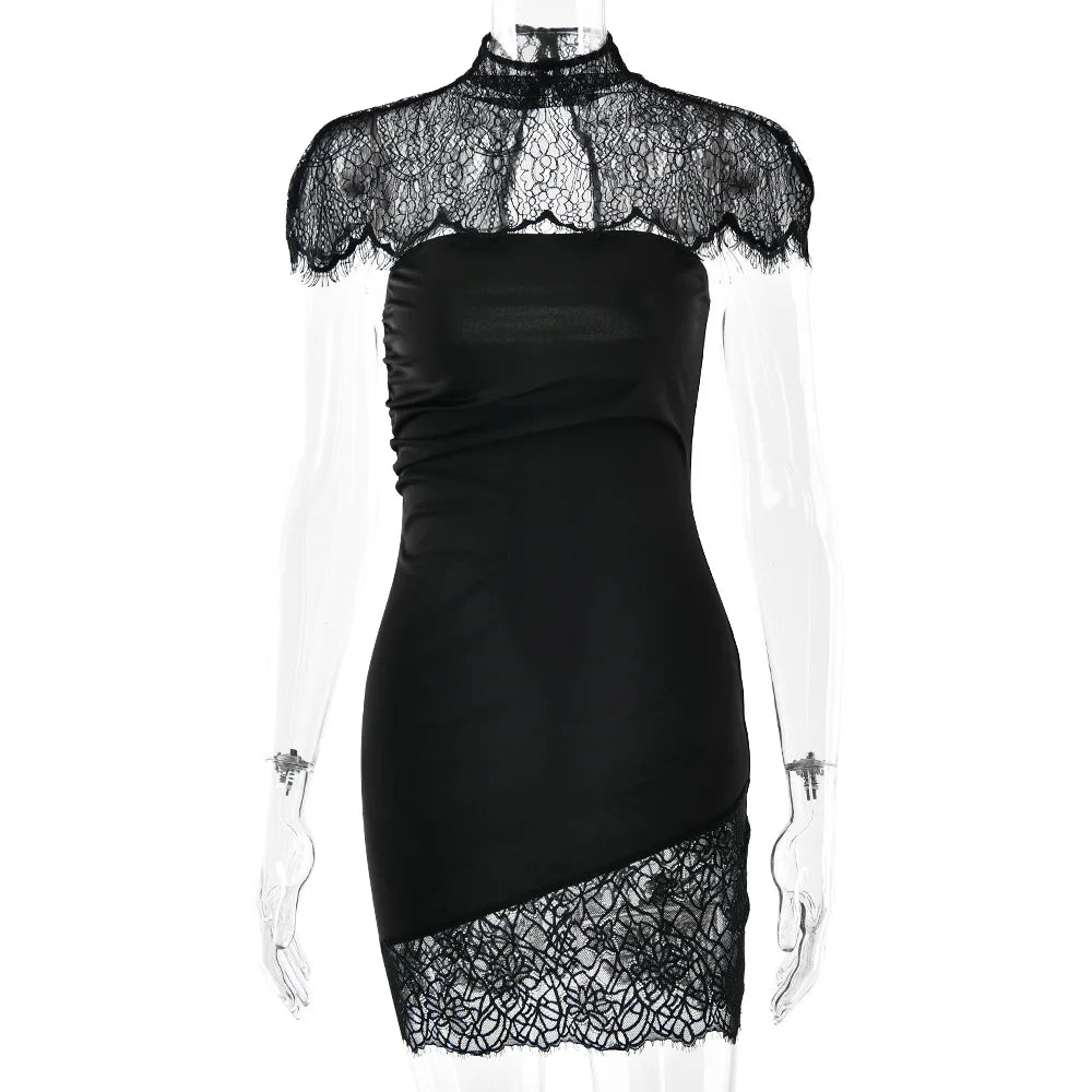 JULISSA MO Patchwork Sexy Strapless Sheer Lace Women Dress Turtleneck Hollow Out Two Piece Sets Slim Elegant Party Evening Dress - Two Piece Set for Prom & Wedding